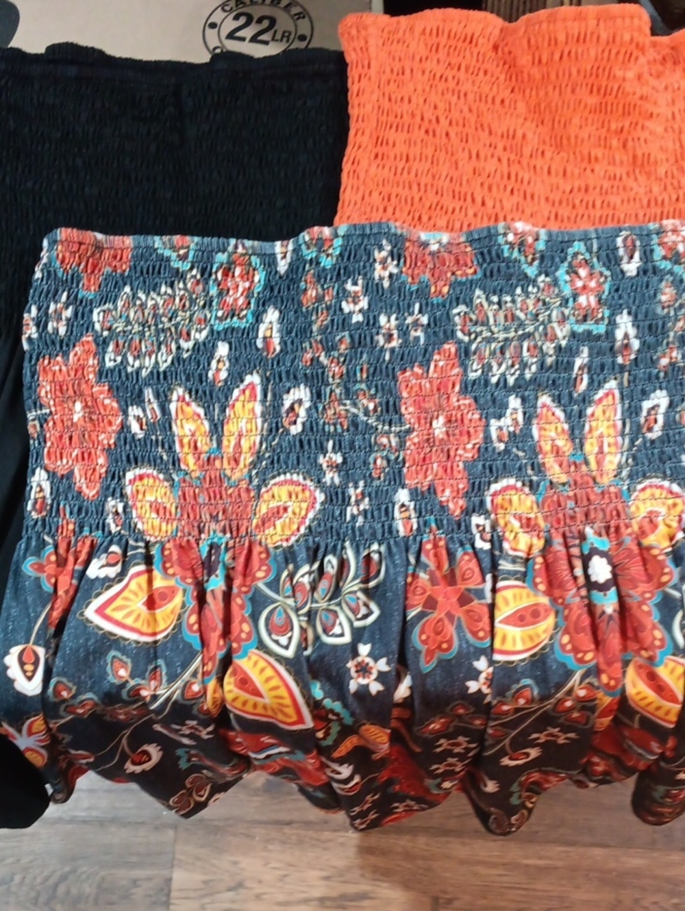 (3 ea) Boho Smocked Tube Tops - Rust/Blue, Orange & Black